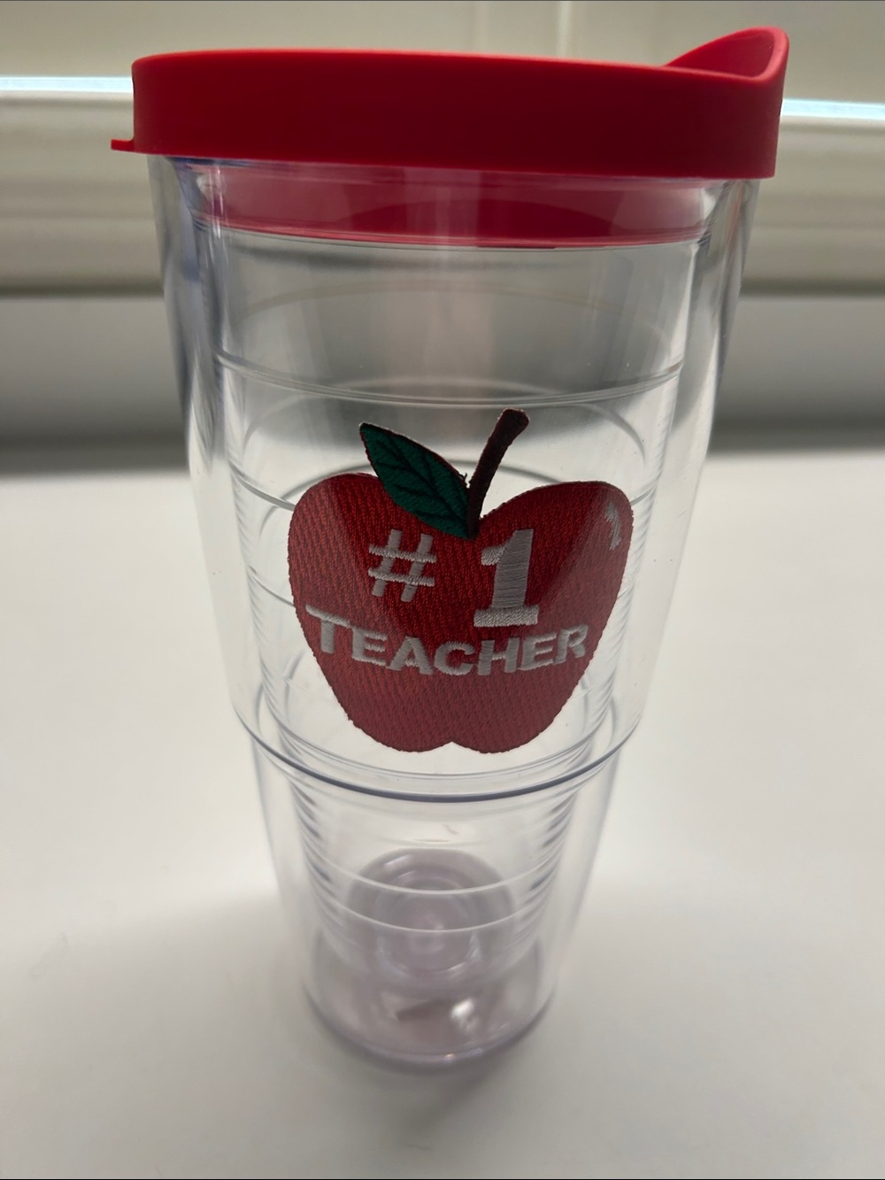 Tervis Clear Tumbler with Red Lid and Apple Teacher Graphic